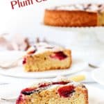 Slices of plum cake in white plates, cake on white cake stand, white background, red text
