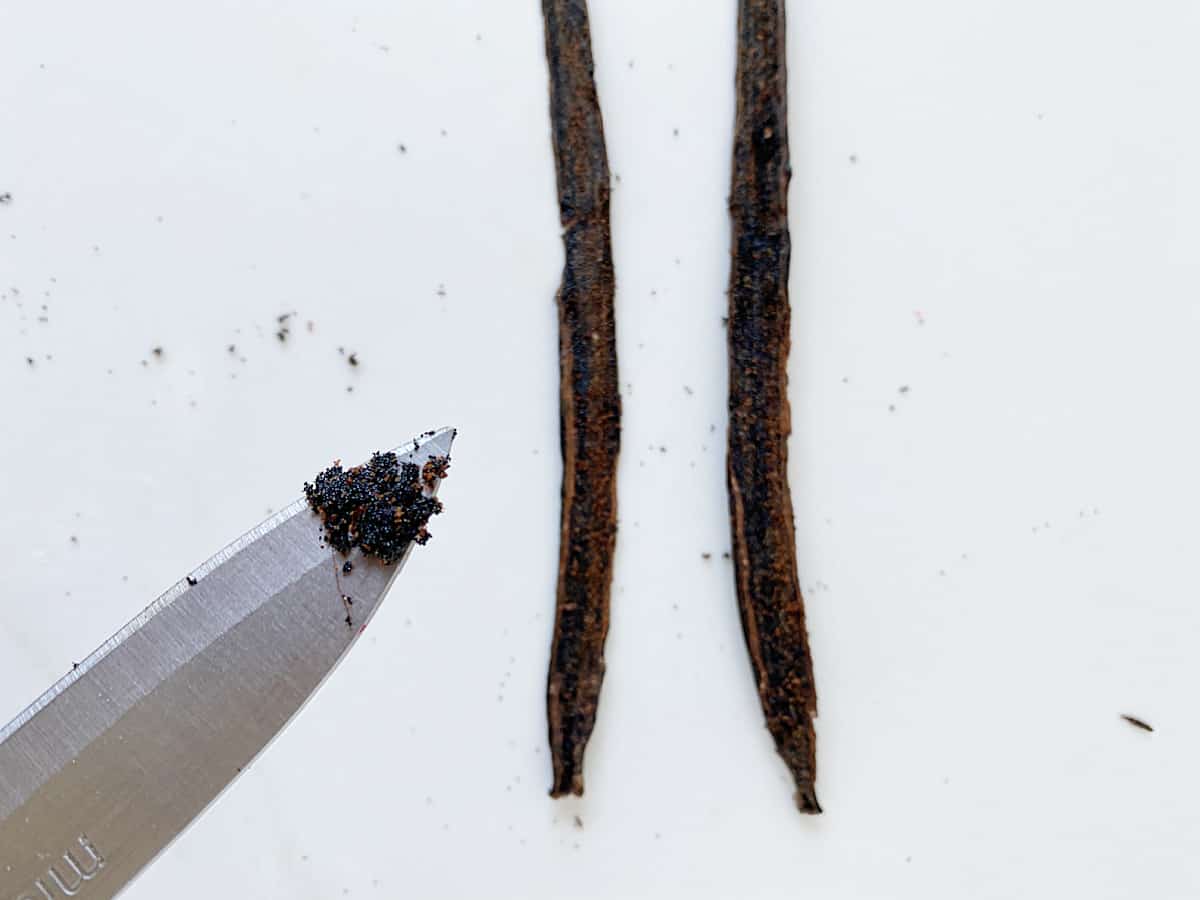 Vanilla seeds on the tip of a knife, open bean on white surface