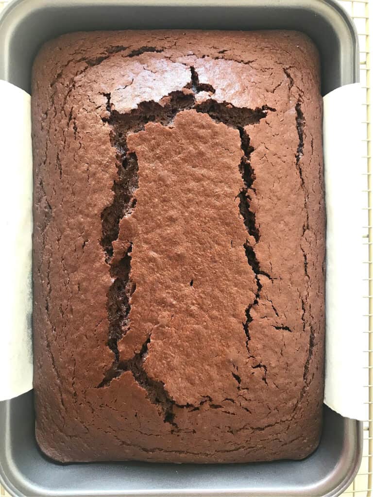 Baked chocolate cake in a rectangular pan. Top view.