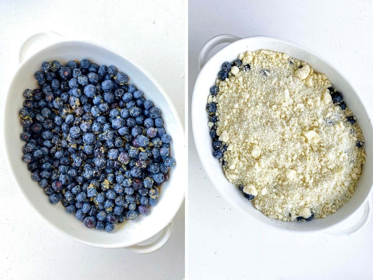 Collage on white surface showing oval white dish with blueberries and topped with crumble mixture.