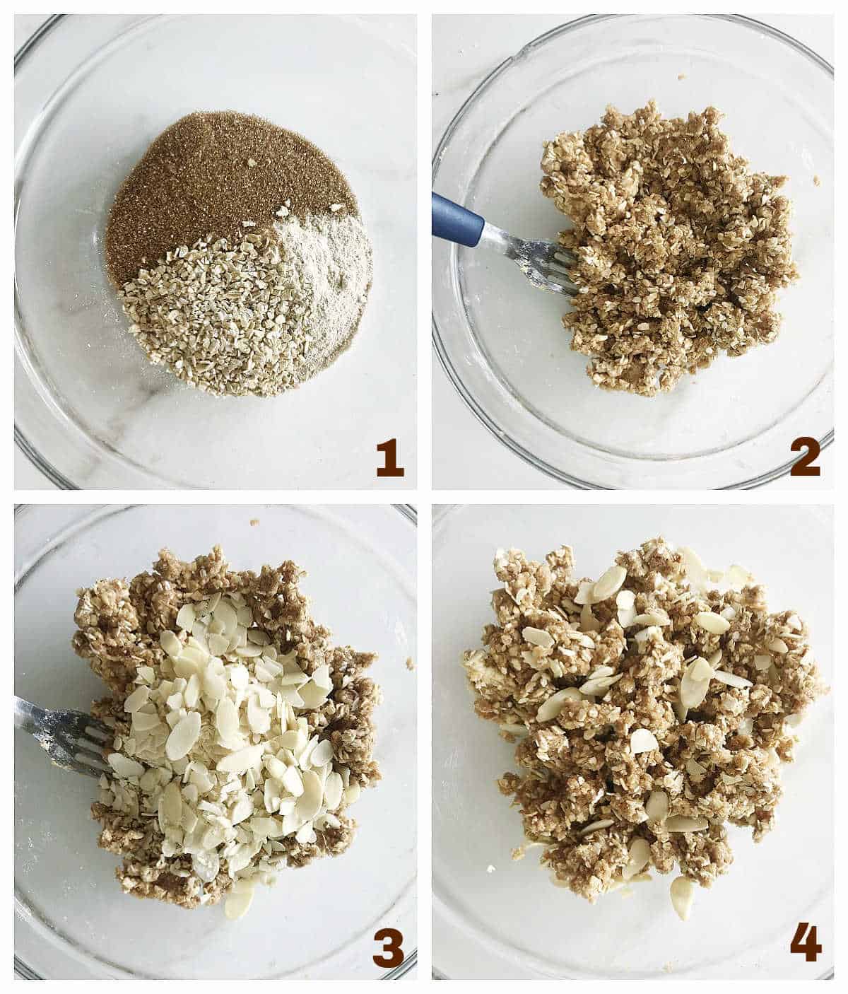 Collage showing process for making crumble with oats and brown sugar