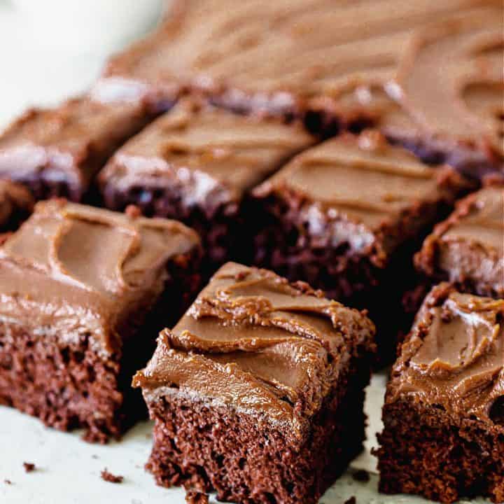 Several frosted chocolate cake squares on a gray white background.