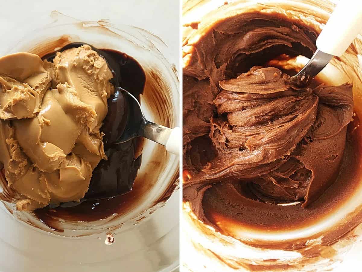 Two images with glass bowl containing chocolate and peanut butter before and after mixing it