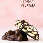 Pink white background with two chocolate peanut clusters, one is cut; brown text overlay