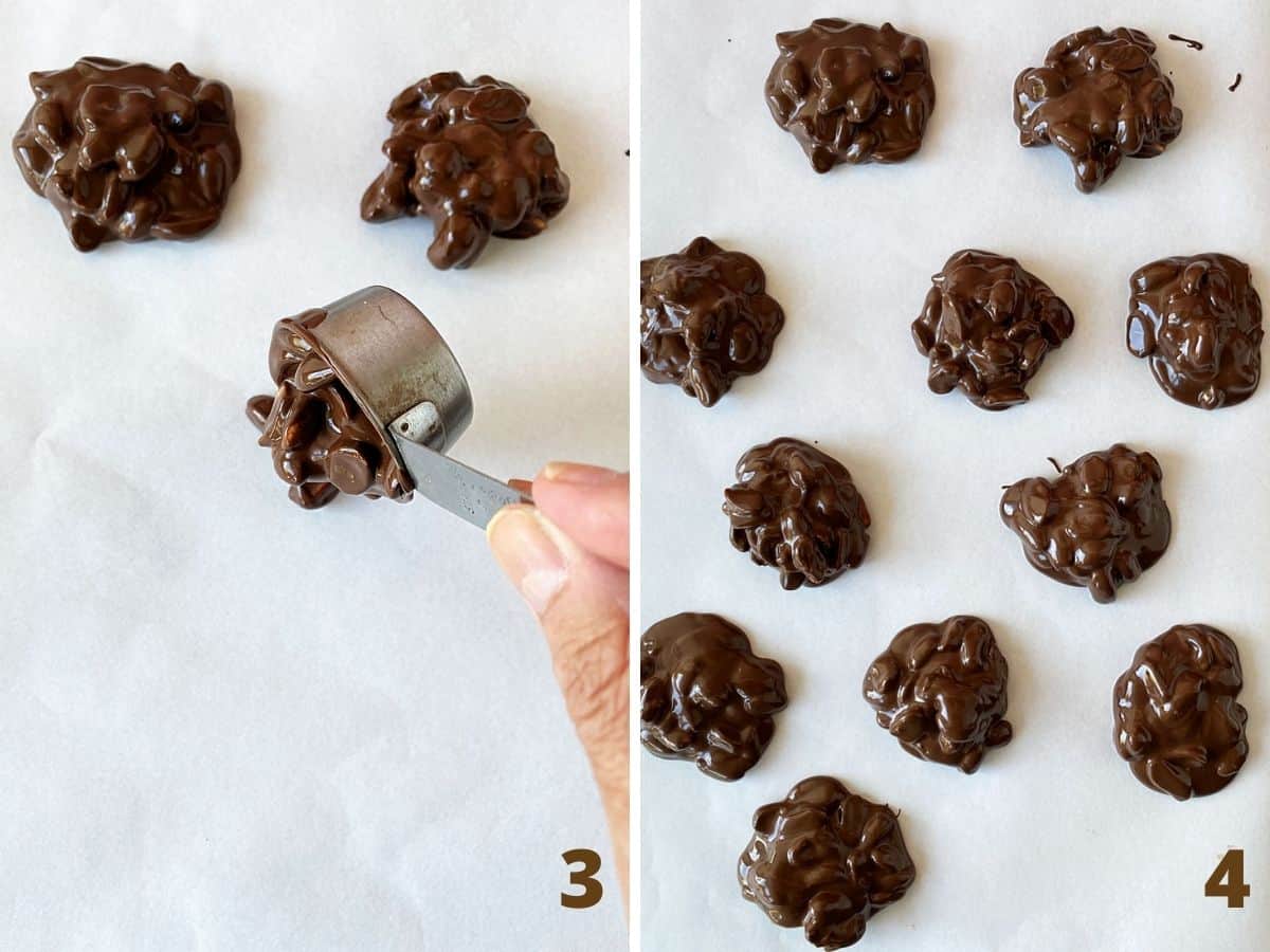 Top view of hand adding chocolate peanut mounds with a cup onto white paper; several mounds