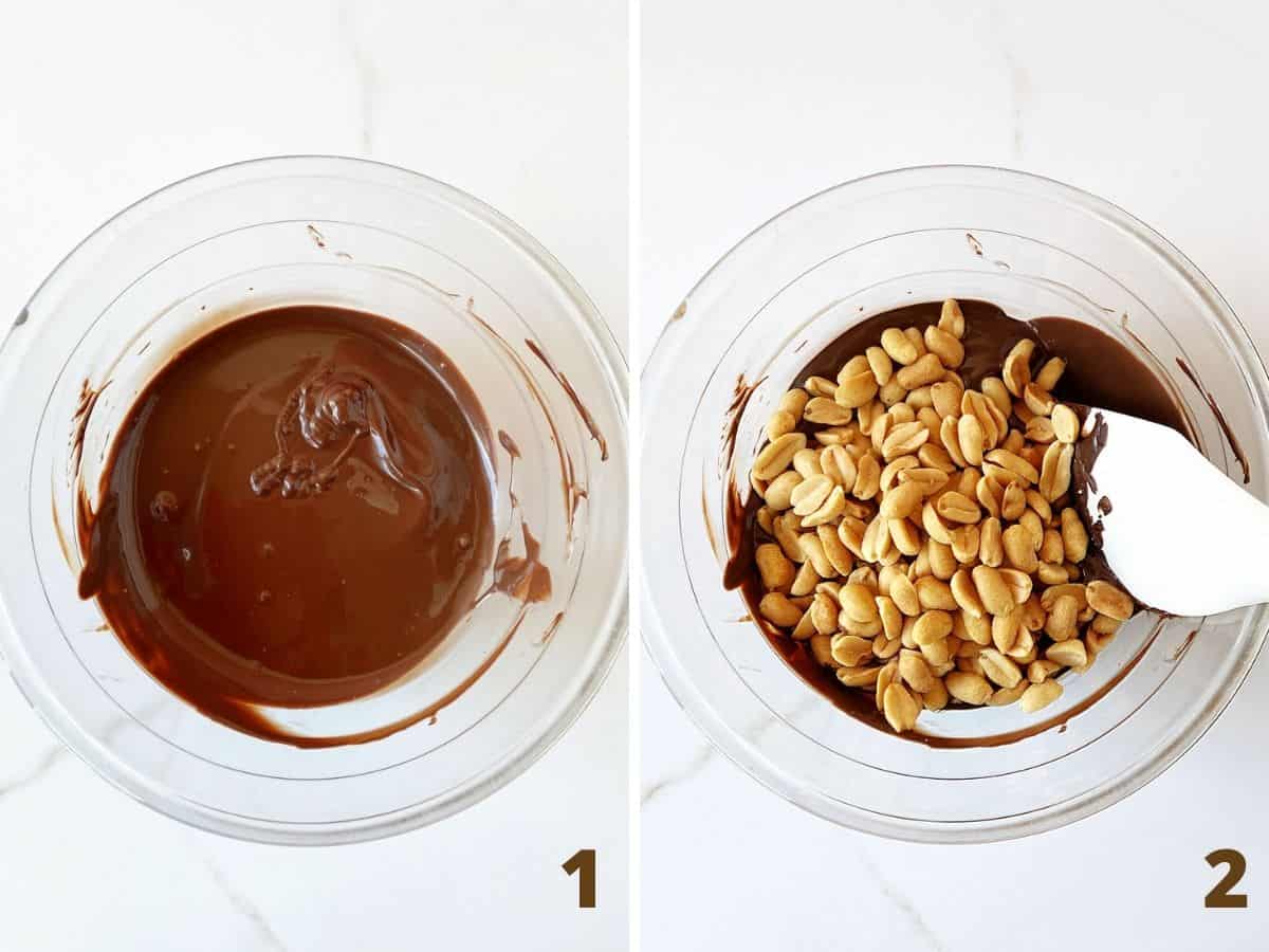 Two image collage with a glass bowl filled with melted chocolate and after adding peanuts