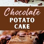 Brown, white and pink text overlay on two images of frosted chocolate cake squares.