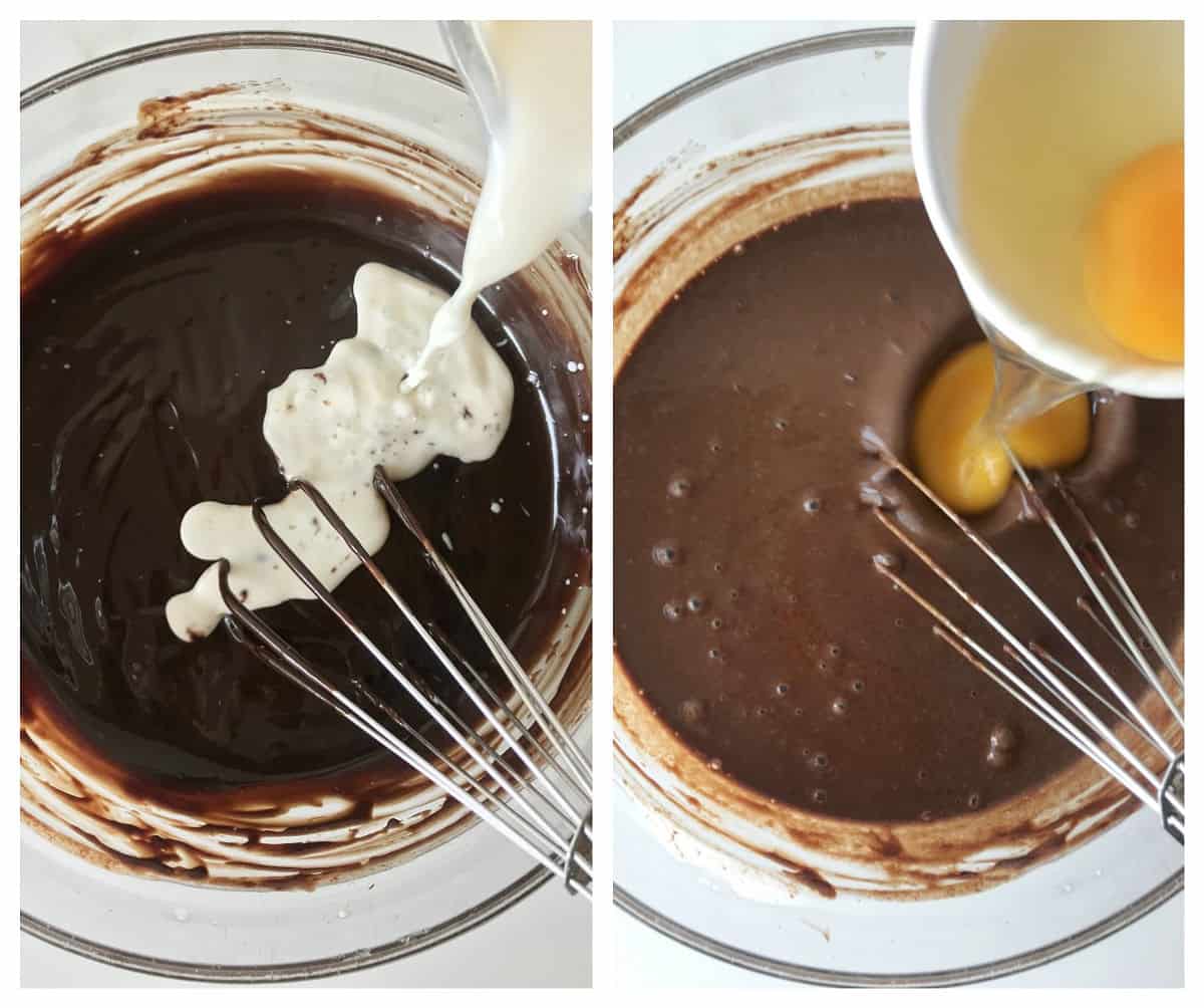 Image collage of bowls with melted chocolate, adding milk and eggs