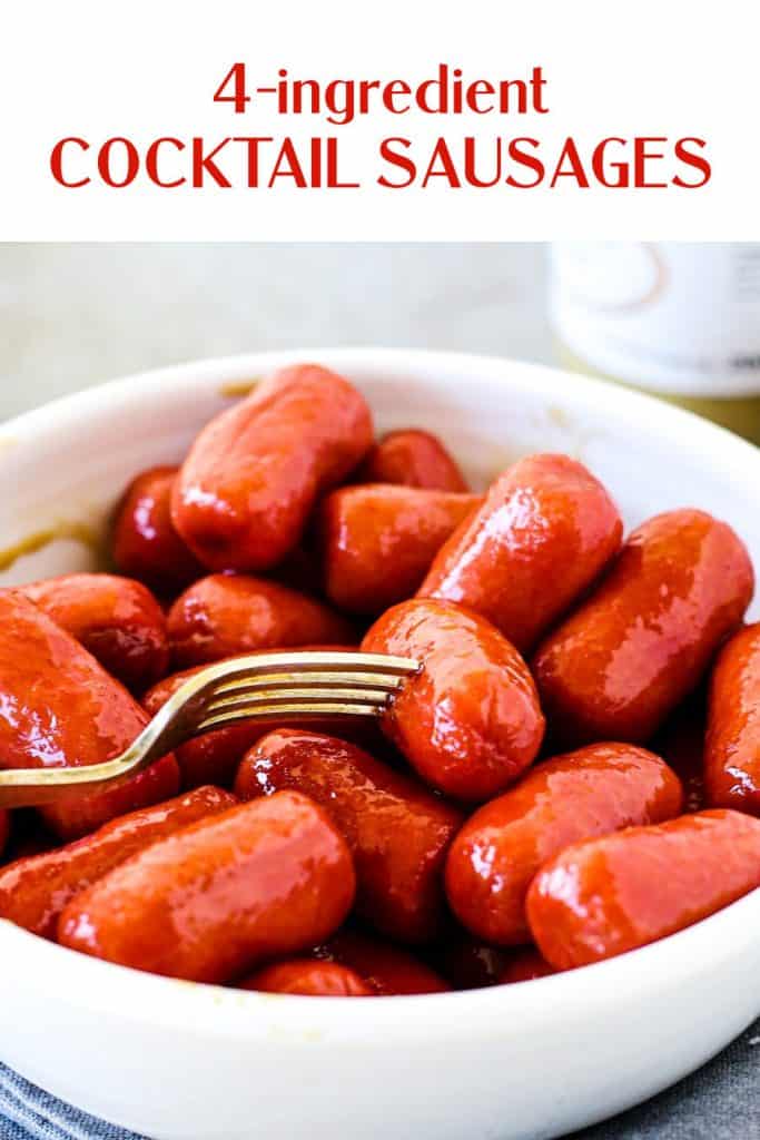 White bowl with fork and cocktail sausages; red text overlay