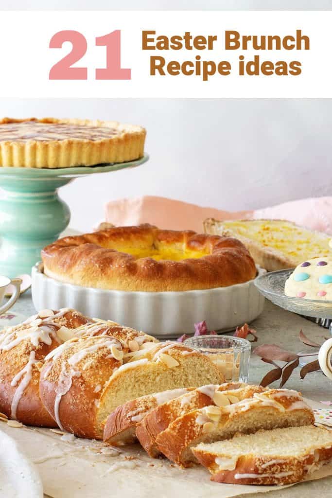 Easter table with sweet breads, tart on green cake stand, cookies and more; pink brown text overlay