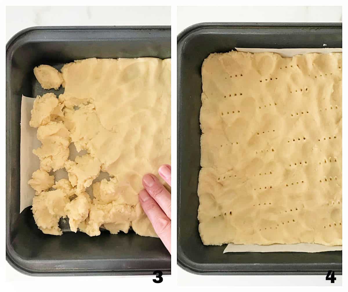 Patting shortbread onto metal pan, two image collage