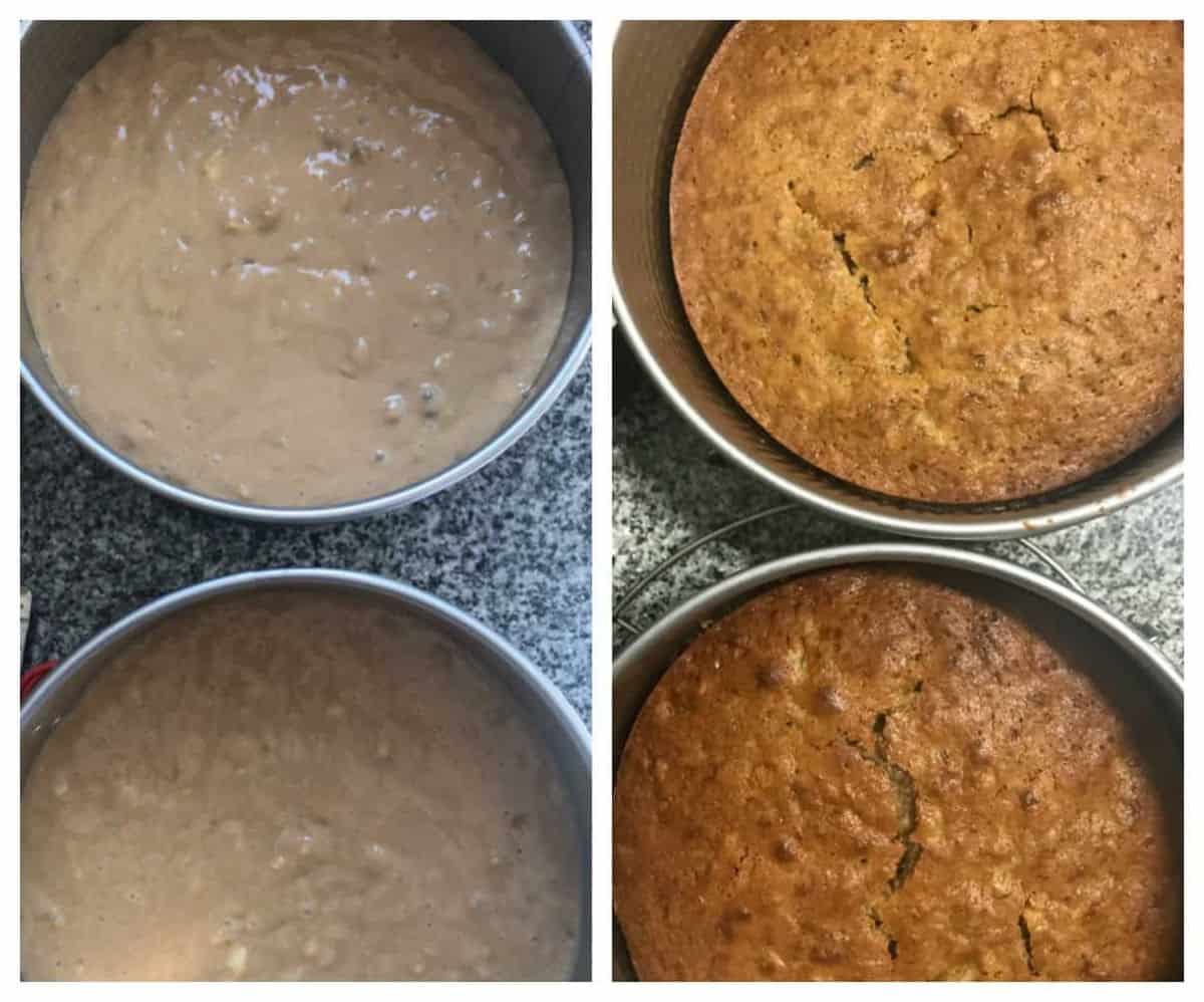 Cake pans with raw and baked batter, two image collage