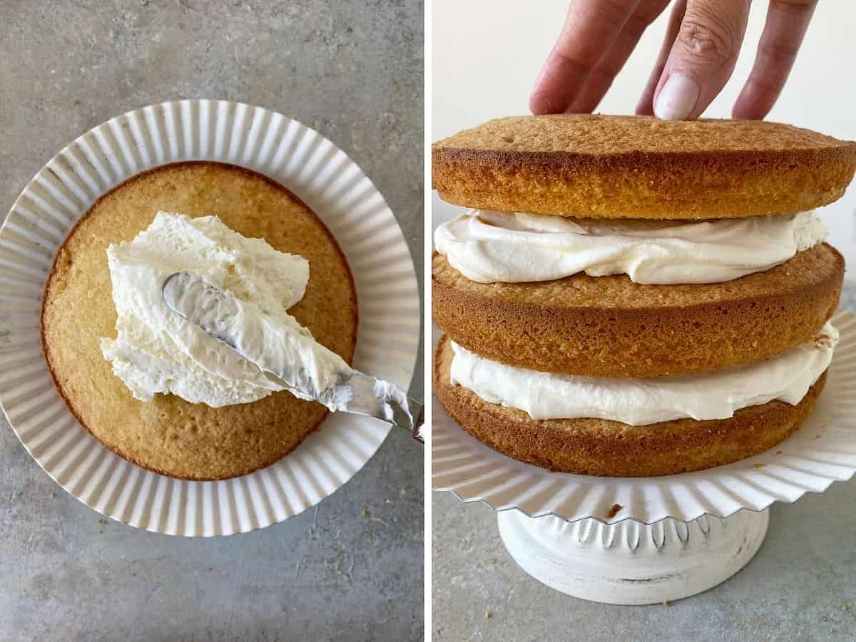 Two image collage filling one round cake layer and gently pressing down three filled layers