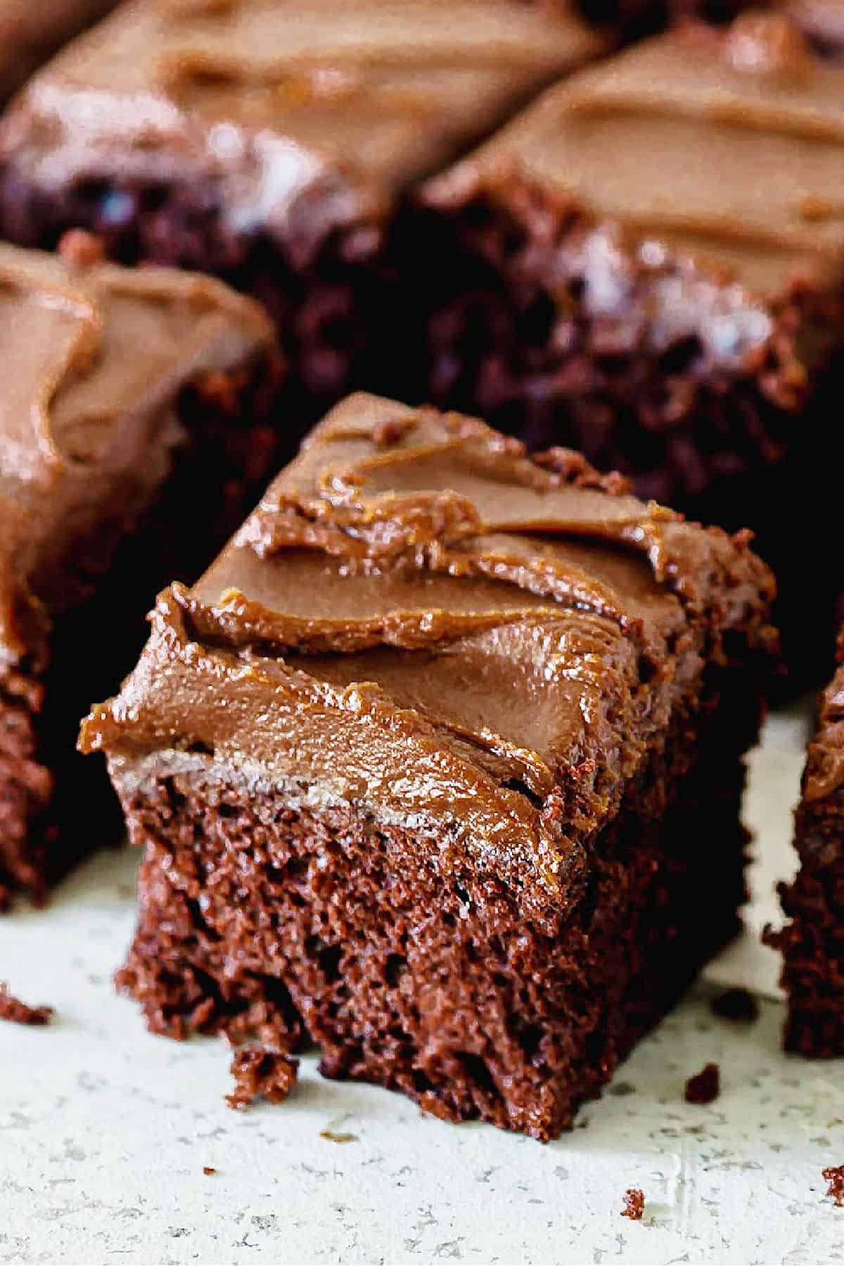Squares of chocolate cake with peanut butter chocolate frosting.