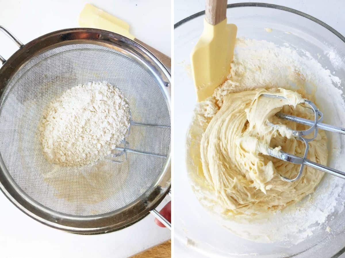 Making lemon cake collage: sifting flour and scraping side of bowl with batter.