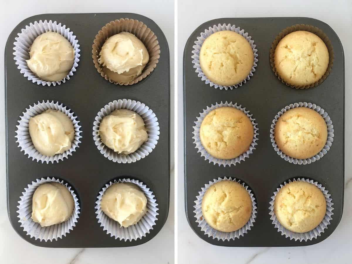 Two image collage of unbaked and baked vanilla cupcakes in metal pan.