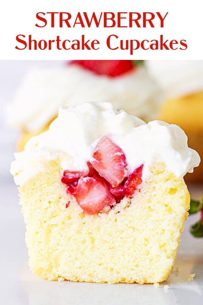 Half vanilla cupcake with strawberries and cream; red text overlay