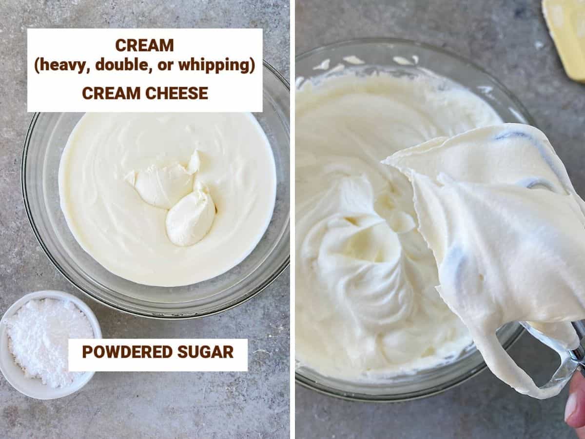 Collage with ingredients for whipping cream on grey surface and beaters showing whipped cream
