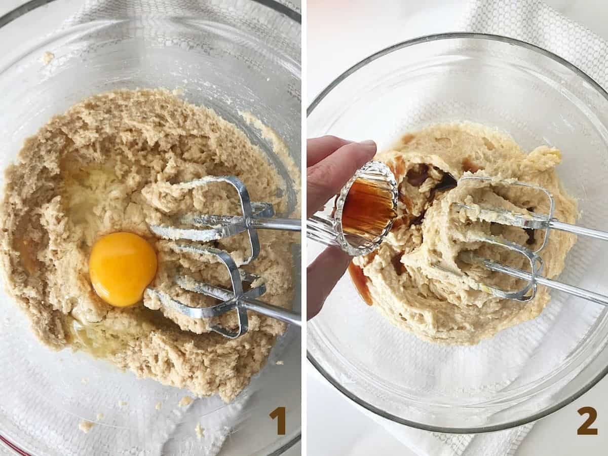 Adding egg and vanilla to blondie batter in glass bowl on white surface