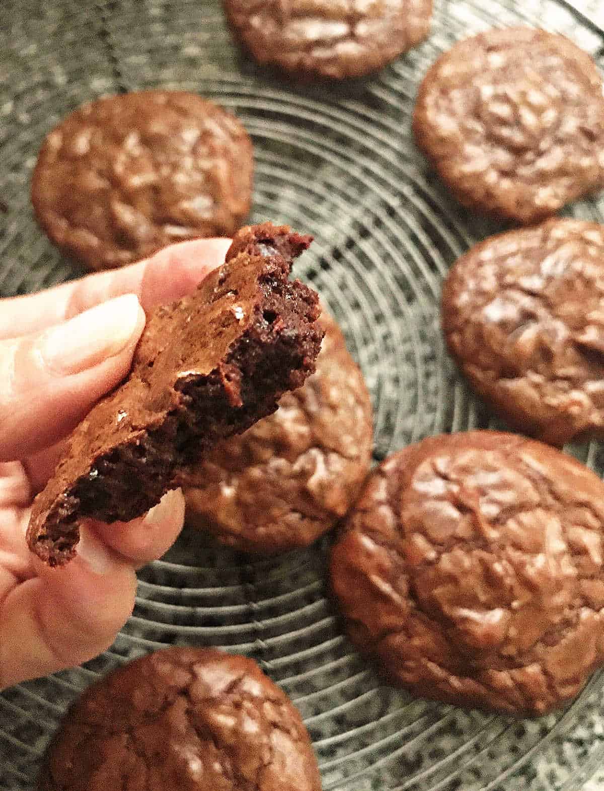 Hand holding fudgy chocolate cookie with several other below on wire rack