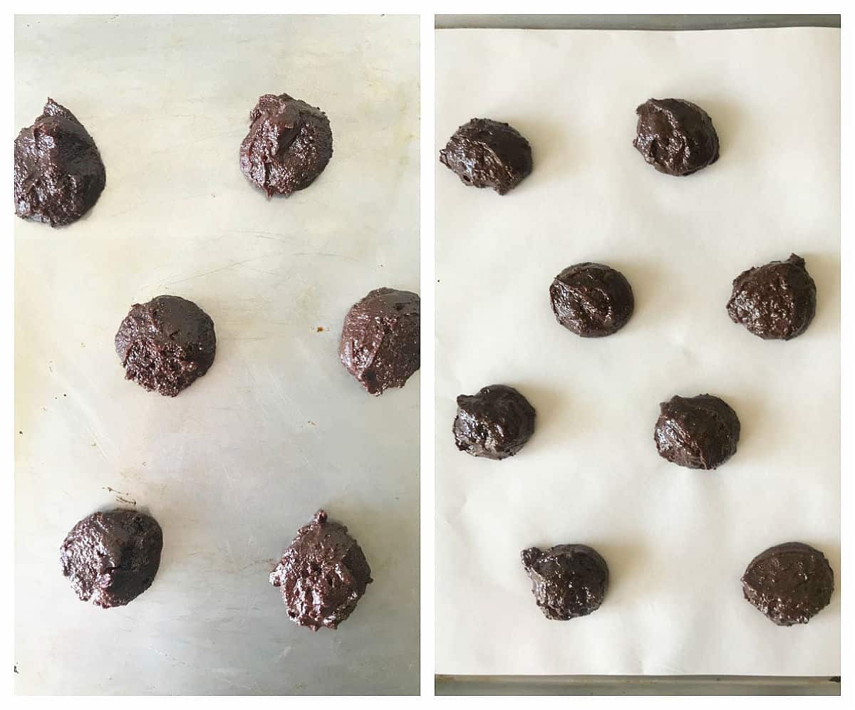 Image collage of unbaked brownie cookies on baking sheets