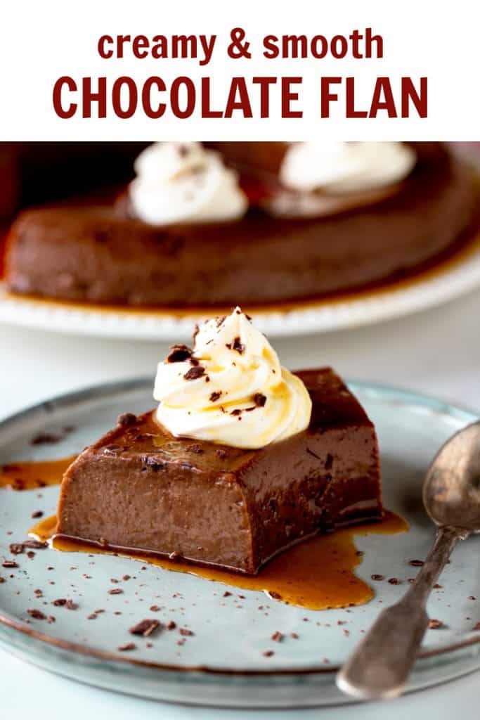 Slice of chocolate flan on grey plate with spoon; white brown text overlay