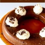 Partial view of whole chocolate flan with whipped cream; brown white text overlay