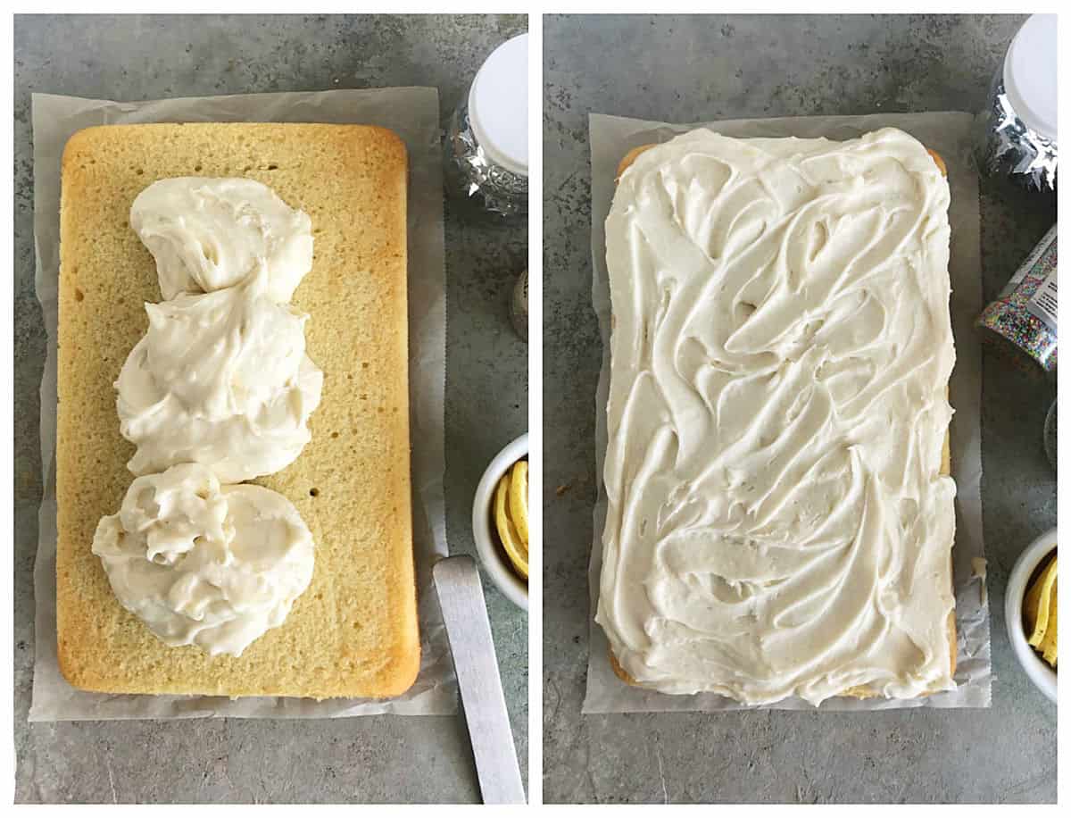 Overview of grey surface with lemon sheet cake with frosting, two image collage