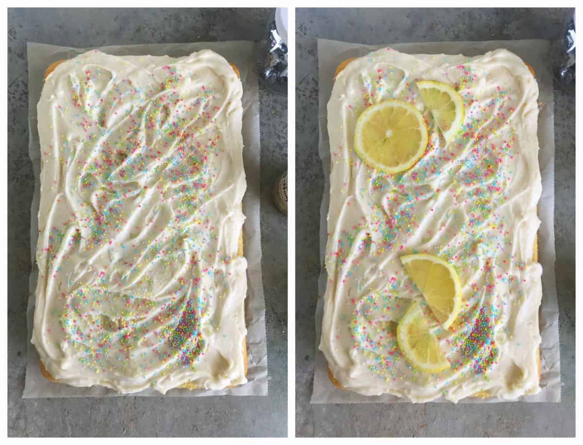 Top view of frosted sheet cake with lemon slices and sprinkles, grey surface, two image collage
