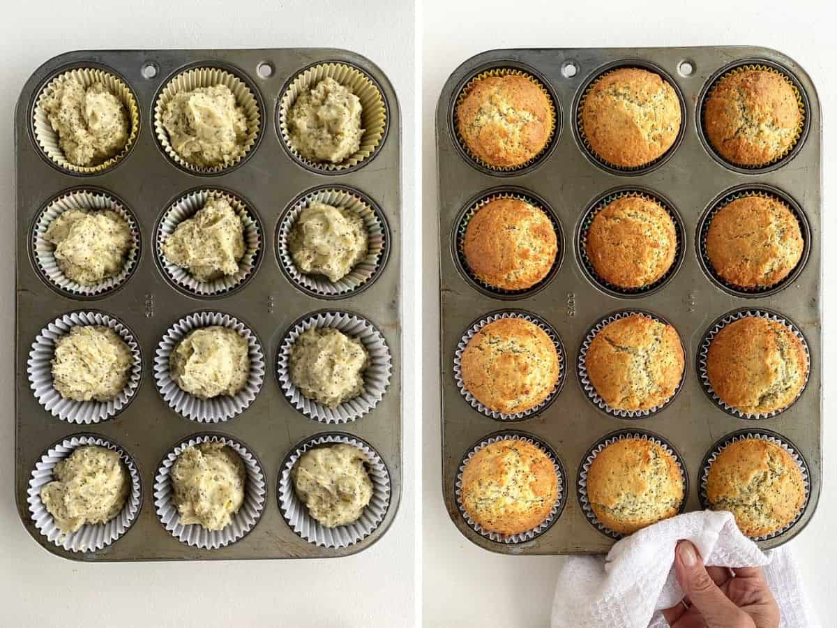 Two images showing unbaked and baked muffins in metal pan.