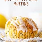 One glazed lemon muffin in open paper liner on wire rack, brown text overlay