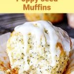 Yellow brown text overlay on close up image of eaten glazed poppy muffin