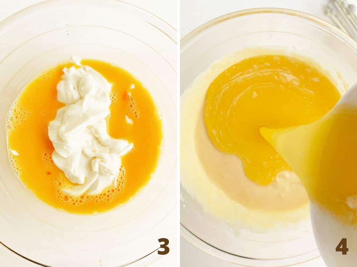 Mixing eggs with yogurt in glass bowl and adding melted butter; a collage.