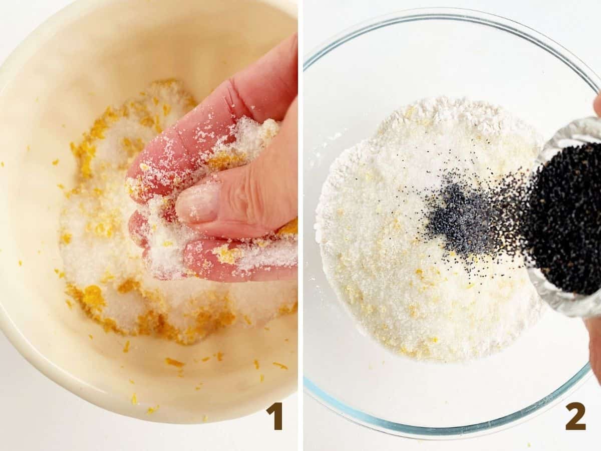 Two image collage rubbing zest with sugar, and adding poppy seeds to glass bowl
