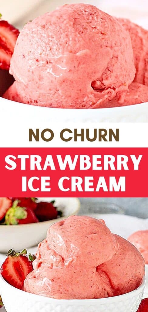 Pink, white and brown text overlay on two images of bowls with strawberry ice cream.
