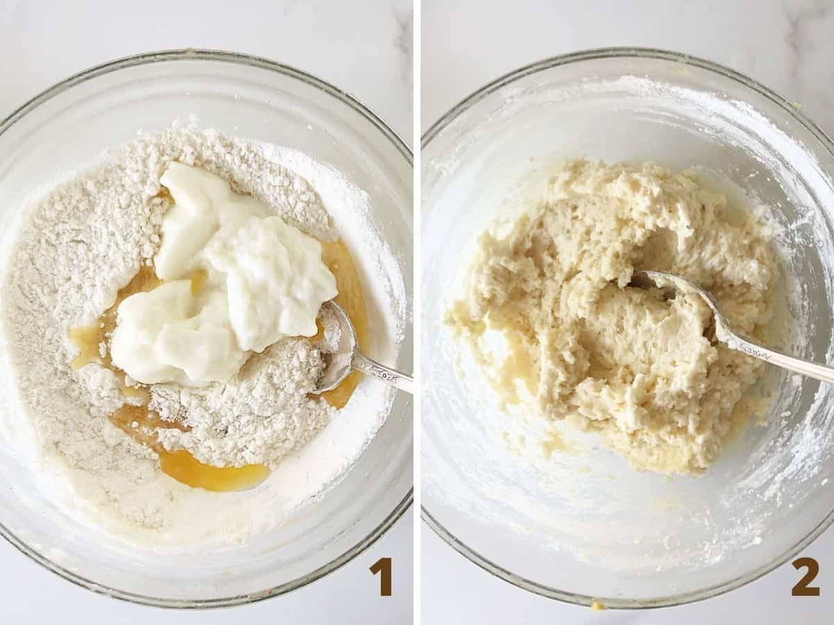 Two image collage; glass bowls with flour and yogurt mixture: ingredients and already mixed.