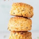 Stack of three golden scones with light green background, brown text overlay