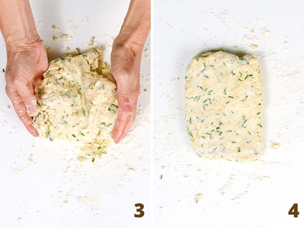 Collage showing hands on white surface forming scone dough into a rectangle