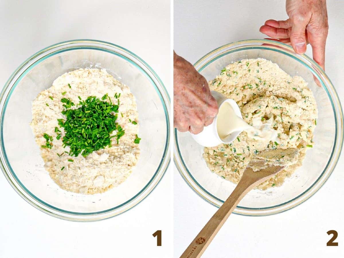 Two image collage showing glass bowl with scone mixture and chives, and adding milk