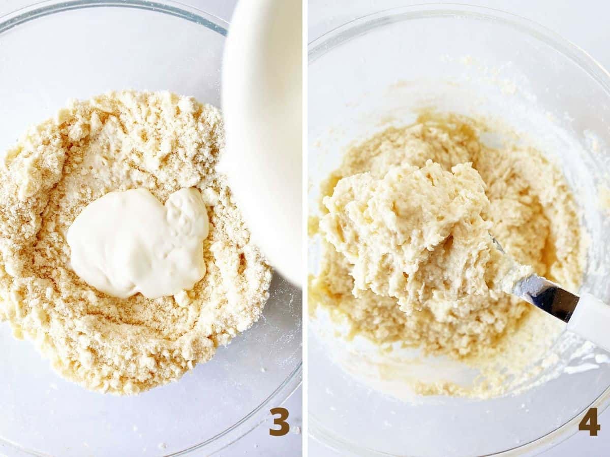 Top view of glass bowls with biscuit topping mixture, before and after adding yogurt