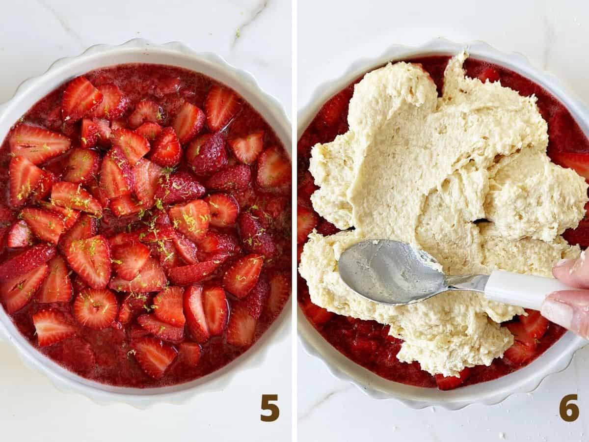 Collage with top view of strawberries in round dish, and spreading biscuit topping with spoon