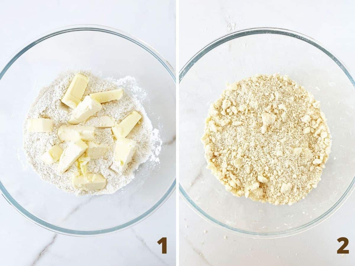 Glass bowls with crumble mixture, before and after working the butter