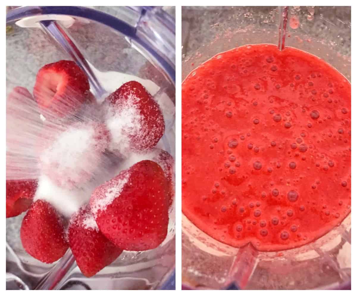 Two image collage of whole strawberries with sugar, and after it's all processed.