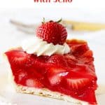 Two white plates with a slice of strawberry pie, white backgound, red text overlay