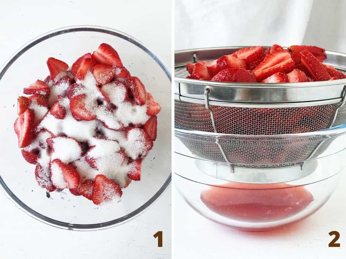Two image collage with strawberries and sugar in bowl, strawberries in colander over glass bowl