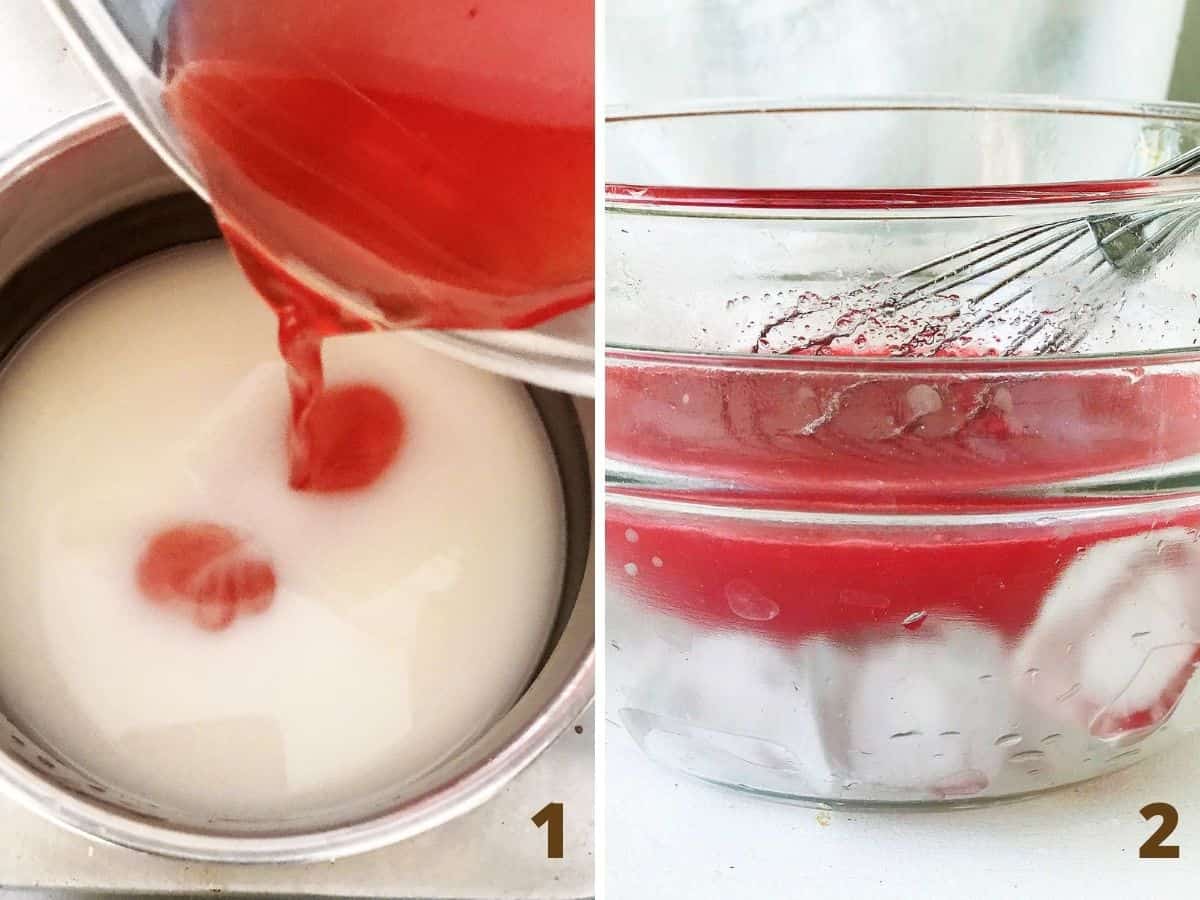 Collage showing strawberry jello added to cornstarch in saucepan; glass bowl with mixture over ice.
