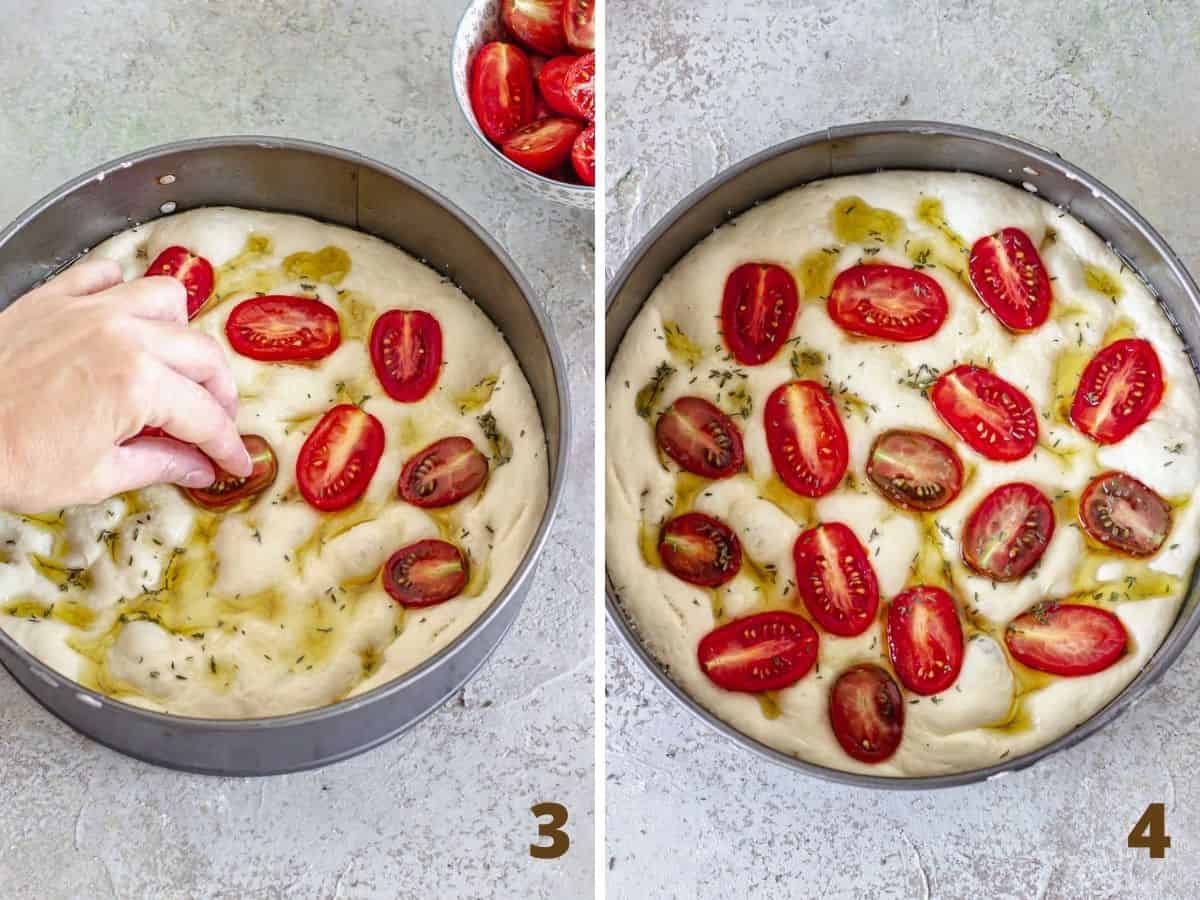 Two image collage with hand adding cherry tomatoes to focaccia dough, finished unbaked bread