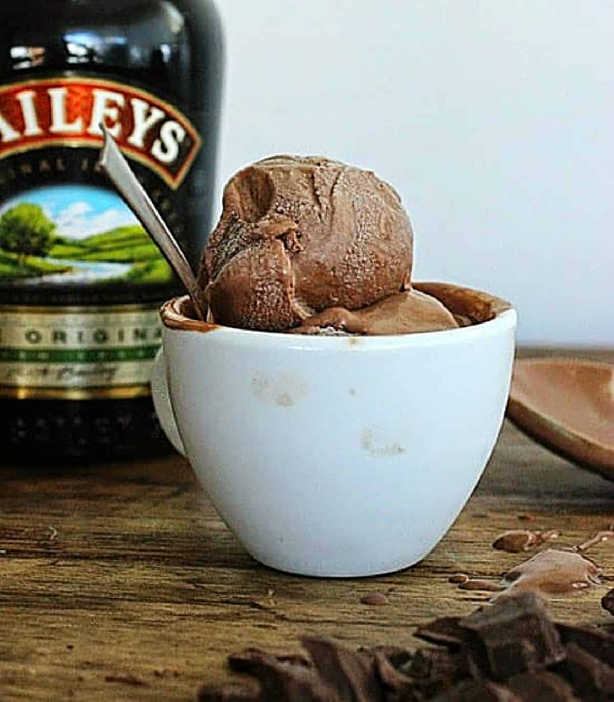 Bottle, white cup with chocolate ice cream on wooden table