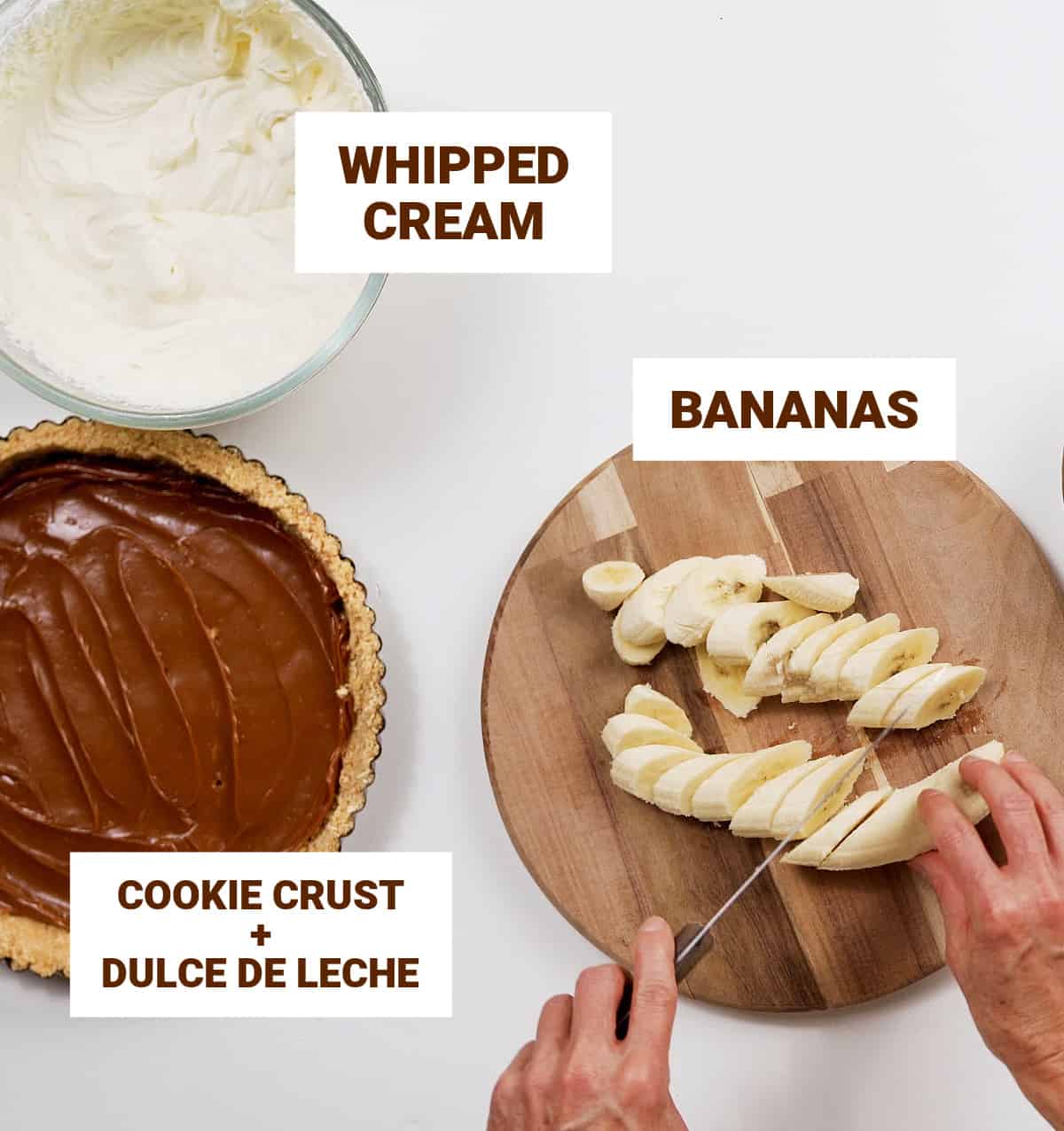 Top view of hands slicing bananas on wooden board, pie with dulce de leche, whipped cream in bowl; text overlays
