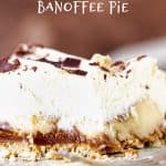 Close up of eaten slice of banoffee pie on blue and brown background, white text overlay